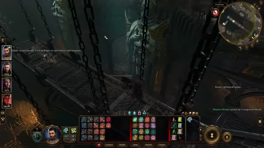 Looting an Adamantine mould in the Grymforge in Baldur's Gate 3 — the item tooltip reads 'a steel mould, used in forges to cast armour and weapons.'