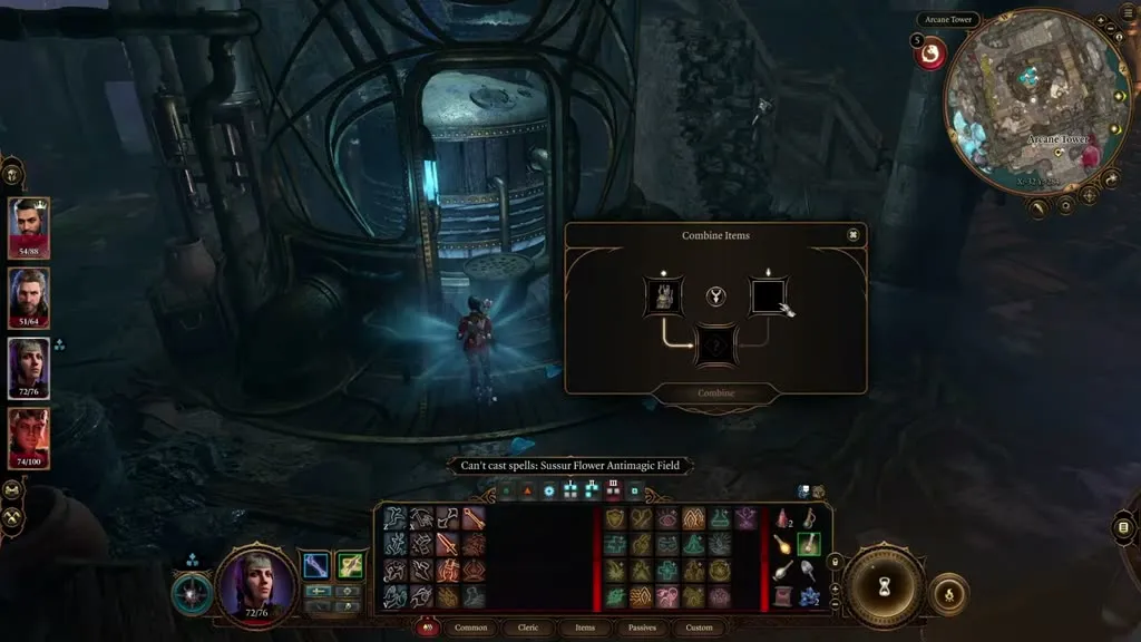 Combining a Sussur Bloom into the Arcane Tower generator in Baldur's Gate 3, with the Sussur antimagic field active.
