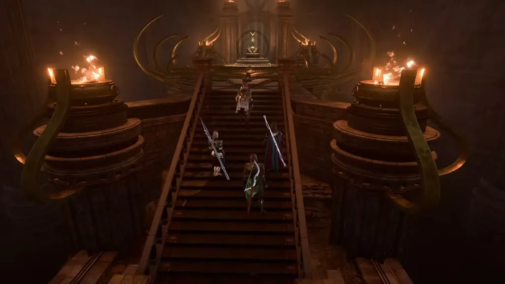 The Dawnmaster shrine and grand staircase in Rosymorn Monastery in Baldur's Gate 3, on the way to the Blood of Lathander.
