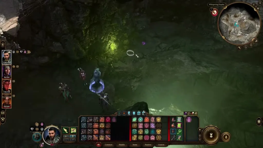 The Dark Amethyst glowing by the green pit in the Whispering Depths in Baldur's Gate 3, near the Phase Spider Matriarch's nest.