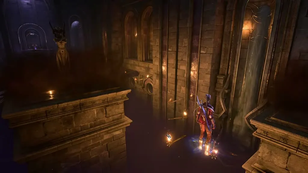 The Faith-Leap Trial in the Gauntlet of Shar in Baldur's Gate 3, with torches/lanterns marking the invisible path toward the Shar shrine.