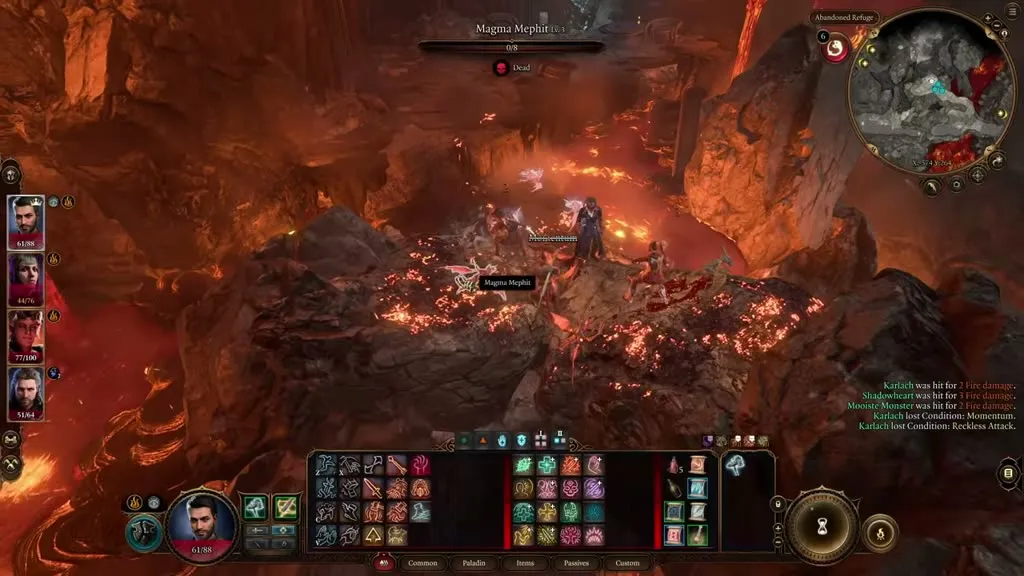 Fighting Magma Mephits beside a Mithral vein in the Grymforge lava cavern in Baldur's Gate 3.