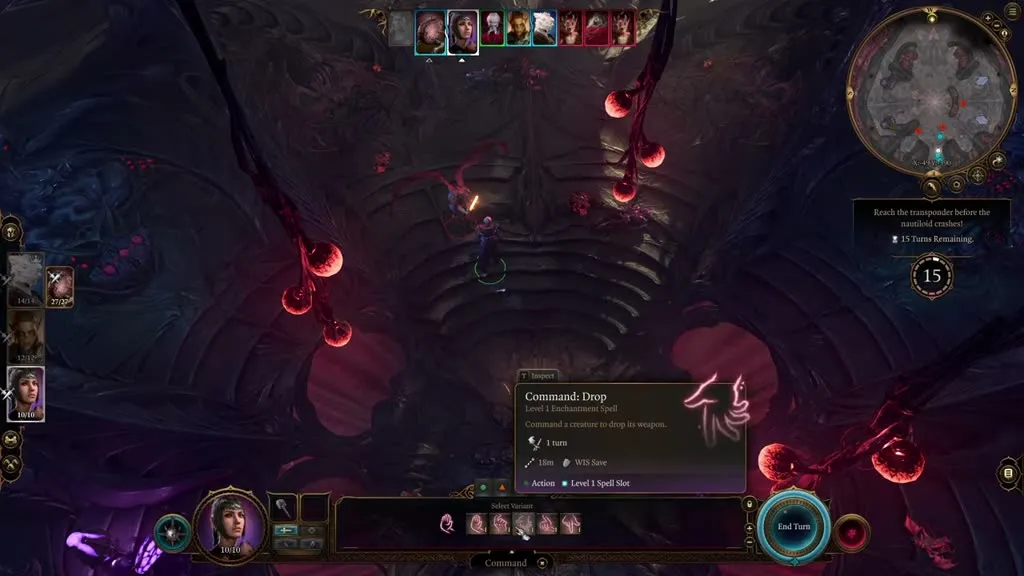 The Command: Drop spell tooltip during the Nautiloid fight in Baldur's Gate 3, used to disarm Commander Zhalk and claim the Everburn Blade.