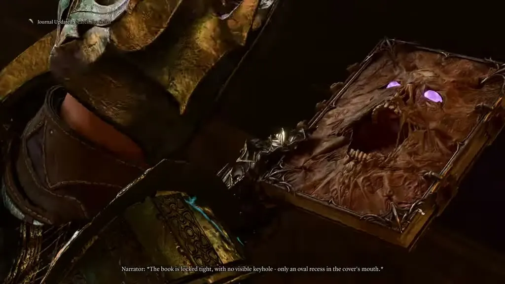 Close-up of the Necromancy of Thay tome in Baldur's Gate 3 — a skull-faced book with glowing eyes and an oval recess in its mouth for the Dark Amethyst.