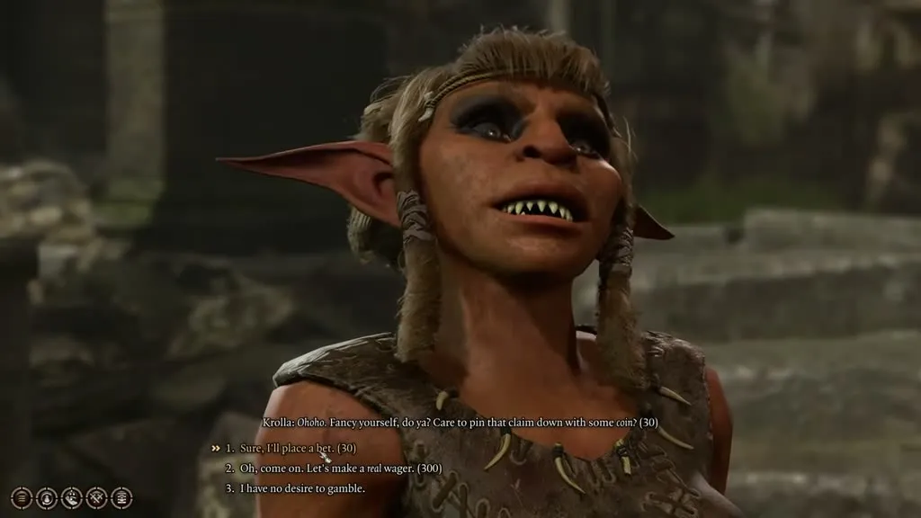 Krolla the goblin offering the Chicken Chase wager in Baldur's Gate 3, the dialogue used to win the Owlbear Cub.