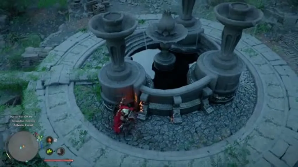 Player character at the circular fountain structure in the Arboria Forest Ancient Ruins in Crimson Desert, with the central water column activated and the stone pillars surrounding the central pool.