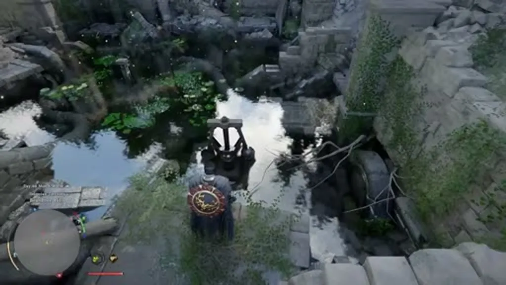 The flooded stone pit at the Beardtree Hills Sunflower Ancient Ruins in Crimson Desert, showing the wind pump mechanism submerged in water at the center of the overgrown ruin walls.