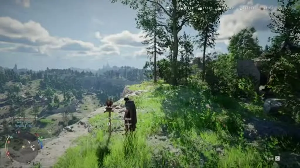 Player character standing next to a Sotdae of Bond bird feeder placed in the grass on a cliff at Greymane Camp in Crimson Desert, with a hawk perched on the wooden post and the Hernand valley visible in the background.