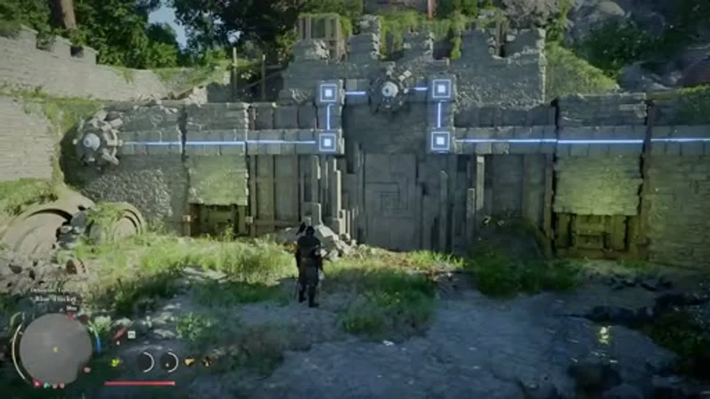 The stone wall facade at the Blue Thicket Ancient Ruins in Crimson Desert, with blue energy lines connecting the puzzle panels after both walls have been lifted with Nature's Grasp.