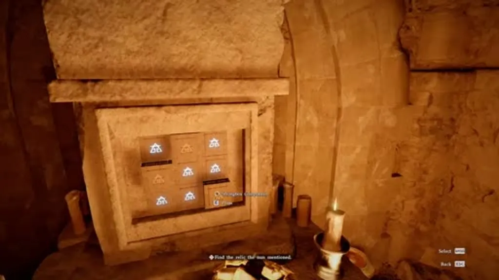 The church strongbox puzzle interface in Crimson Desert's Secret at the Church quest, showing a grid of six glowing blue symbol buttons on the stone wall that must be pressed in the correct top-left, bottom-right, bottom-left, top-right order.