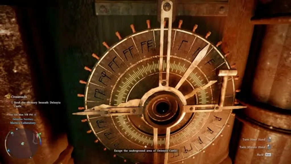 Close-up of the Visione Data Input Device clock puzzle beneath Delesyia Castle in Crimson Desert, showing a large mechanical clock dial with runic hour and minute hands, with 'Turn Hour Hand' and 'Turn Minute Hand' prompts on screen.