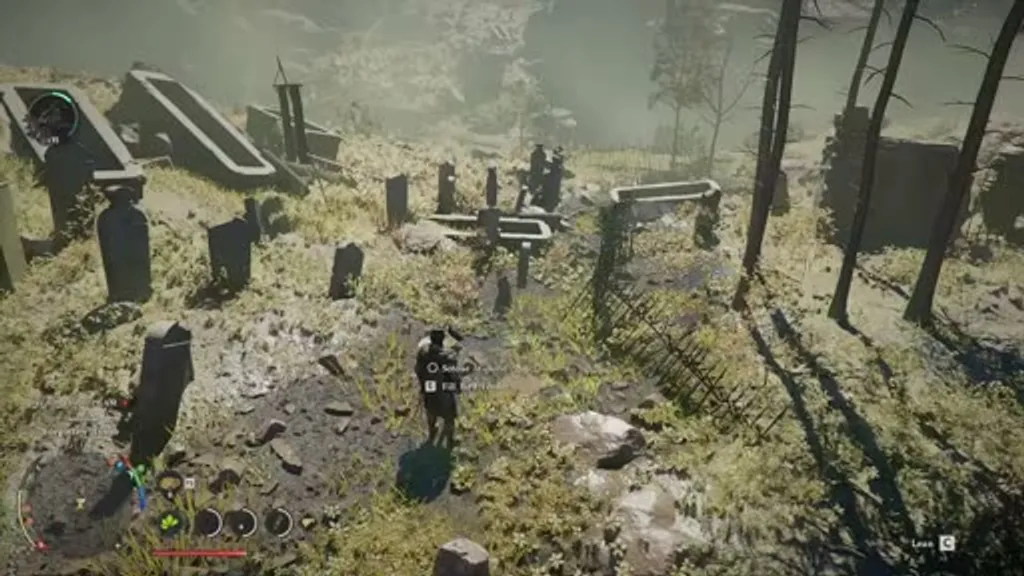 Player character standing in the foggy gravestone area at Hollow Haven near Hexe Sanctuary in Crimson Desert, with the Sotdae of Bond feeder planted among the graves and a crow interaction prompt visible on-screen.