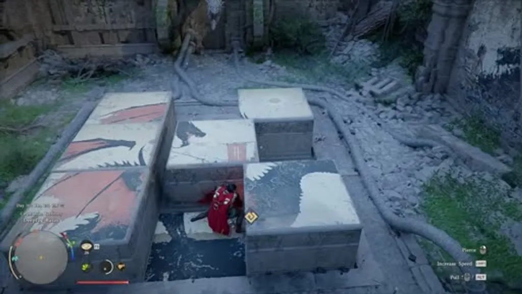 Aerial view of the Deepfog Basin Dragon Head ruins puzzle in Crimson Desert, showing large stone blocks painted with red dragon and sun murals arranged in a grid on stone flooring, with the player character using the Stab ability to push a block into position.