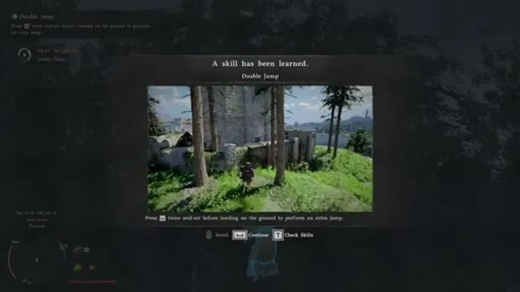 The Double Jump skill-learned notification screen in Crimson Desert, showing the skill card with an in-game screenshot of the player character jumping between stone tower platforms.