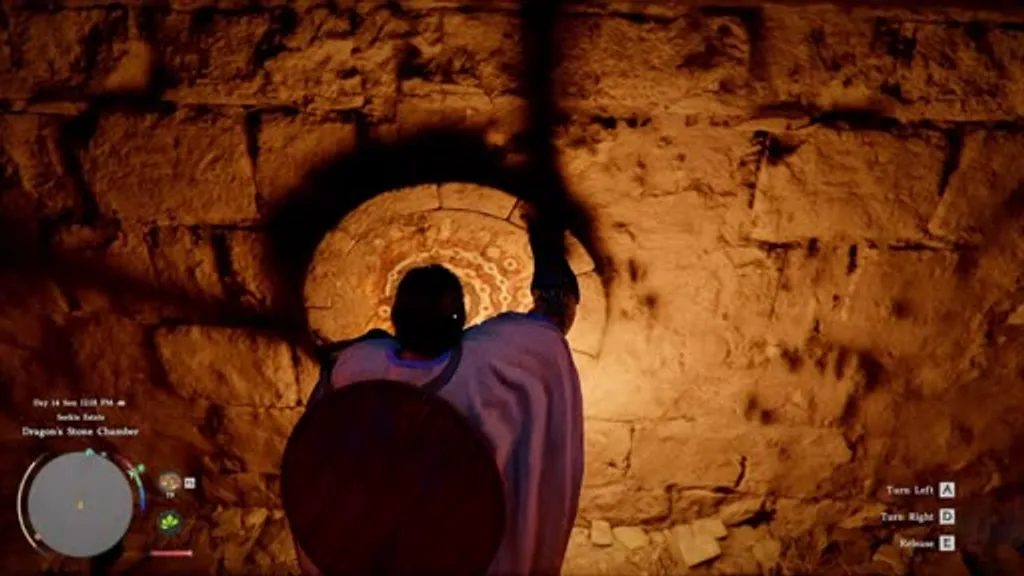 Player character interacting with the spiral disc puzzle mechanism embedded in the stone wall inside the Dragon Stone Chamber in Crimson Desert, with Turn Left and Turn Right prompts visible and a glowing circular disc that must be rotated to the correct alignment.