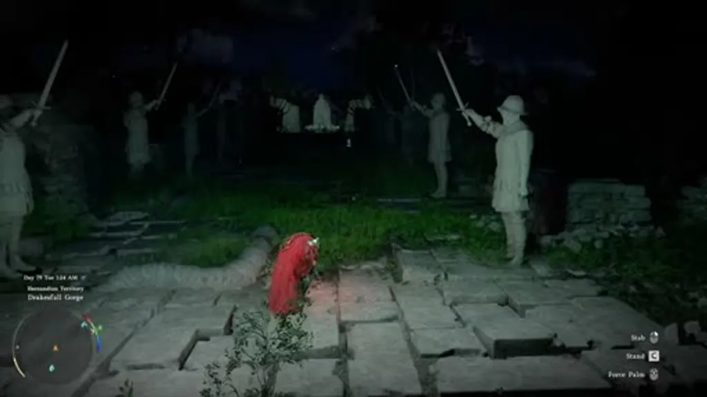 The Drakesfall Gorge Red Light, Green Light puzzle at night in Crimson Desert, showing the player character crouching low among a ring of stone soldier statues holding swords aloft, waiting for the giant central statue to look away before advancing.