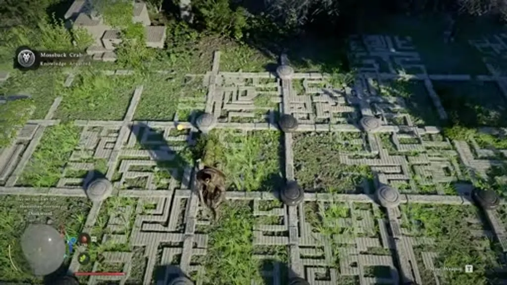 Top-down view of the Duskwood Waterside Go board at the Ancient Ruins in Crimson Desert, showing the grid of black and white stone pieces with one row nearly complete.