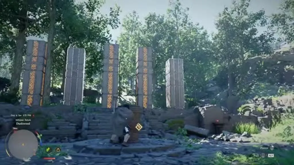 The three tall glowing pillars at the Duskwood Hill Ancient Ruins in Crimson Desert, lit up with golden rune patterns after rotating all three sword sockets correctly.