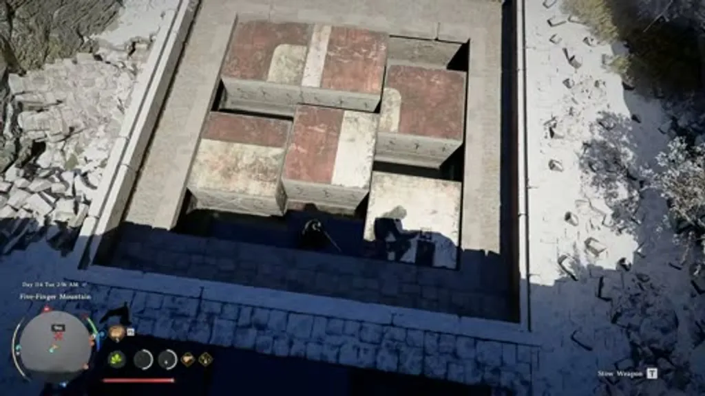 Top-down view of the sliding block picture puzzle at Five Finger Mountain ruins in Crimson Desert, with the six red-and-white stone tiles being pushed into position to complete the image.