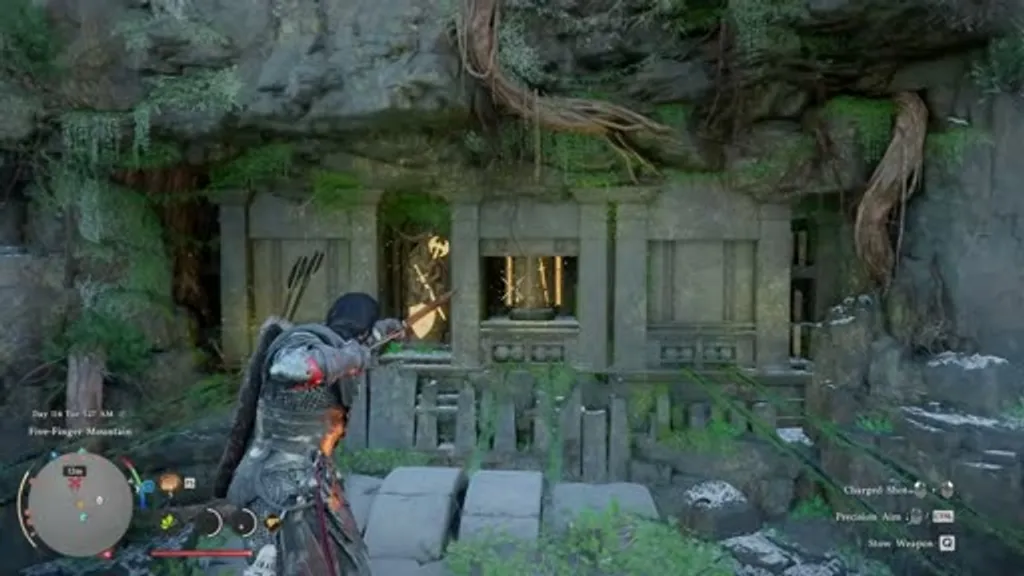 Player aiming a bow at the rotating stone pillar inside the shrine alcove at Five-Finger Mountain Valley ruins in Crimson Desert, with the glowing weapon symbol visible on the pillar face.
