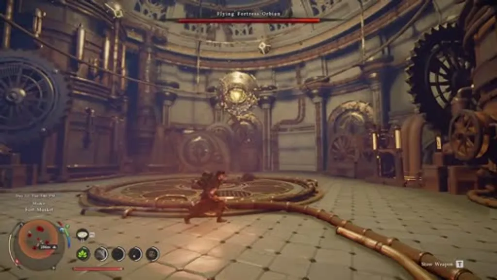 The interior of the H.A.L.L. boss chamber inside the Flying Fortress Orbian in Crimson Desert, showing the ornate brass and steel circular arena with the boss suspended in the center and the player character below.