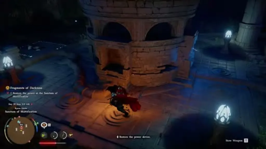 Aerial view of the Sanctum of Mortification in Crimson Desert's Fragments of Darkness quest, showing the player character at the base of a large circular stone tower at night, with glowing white points of light marking the puzzle interaction spots around the structure.