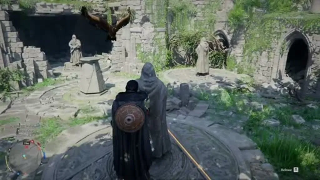 The Golden Plains Ancient Ruins in Crimson Desert, showing two robed stone statues flanking the central altar — one facing away, illustrating the alignment puzzle that must be solved in order.