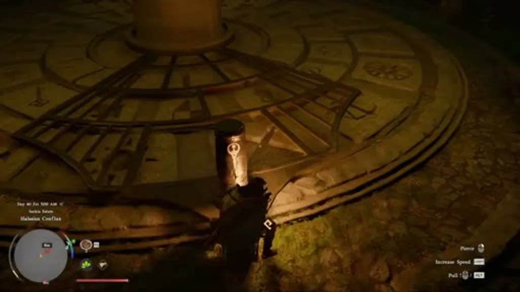 The Halssius Conflux angel-statue puzzle platform at the Serkis Estate in Crimson Desert, showing the large circular rotating stone ring on the ground with ornate carved symbols and a central pillar mechanism, viewed from above in warm torchlight.