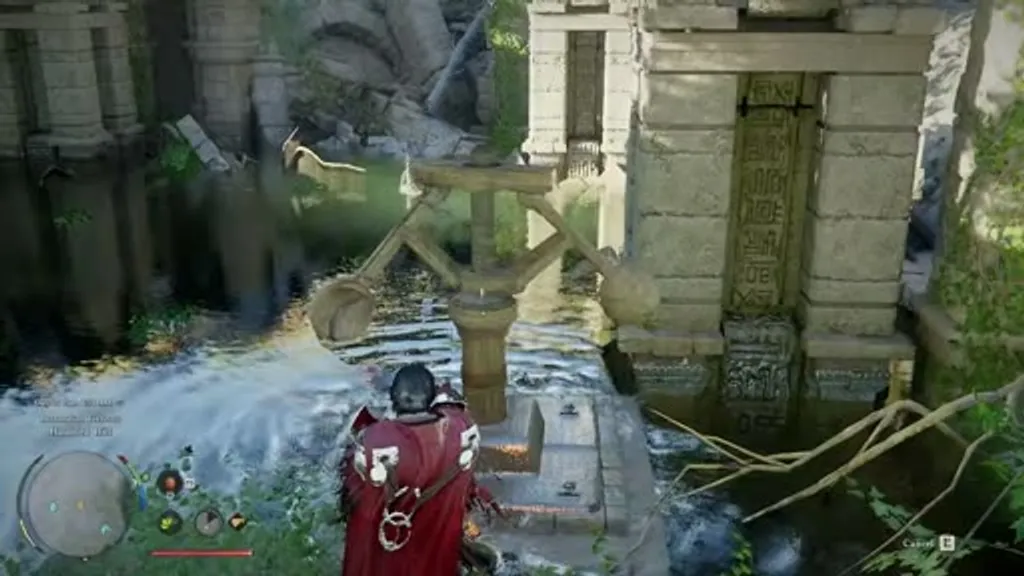 The windmill water pump mechanism at the Haunted Hill Ancient Ruins in Crimson Desert, positioned beside the flooded stone pool — the target for Nature's Snare to drain the water.