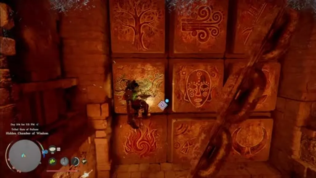 Aerial view of the Hidden Chamber of Wisdom elemental tile puzzle floor in Crimson Desert, showing a 3x3 grid of carved stone tiles decorated with elemental symbols including fire, water, wind, and lightning, with the player character kneeling on one of the tiles.