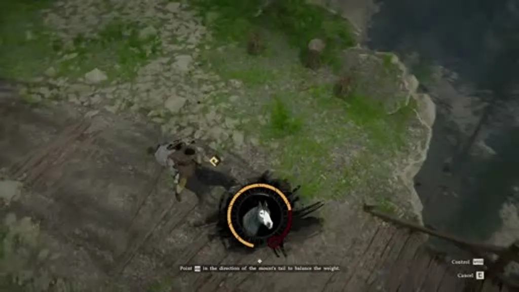 The horse taming mini-game in Crimson Desert, showing the player character on horseback with the circular balance ring UI and directional arrow indicator visible, prompting the player to steer toward the horse's tail.