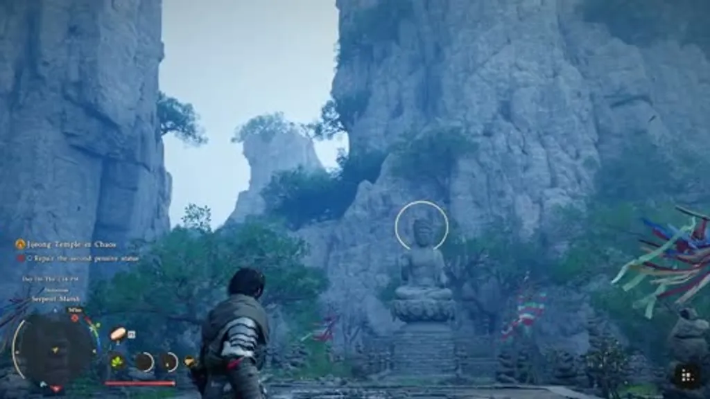 The large stone pensive statue at Jijeong Temple in Crimson Desert, seated on a raised stone plinth between two towering rock walls with prayer flags, as the player character approaches from below during the Jijeong Temple in Chaos quest.