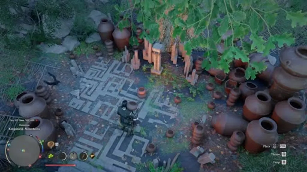 Aerial view of the Kingshield Mountains Ancient Ruins puzzle area in Crimson Desert, showing dozens of clay jars scattered across an ornate stone floor with stone pillars in the center where perfect jars must be stacked.