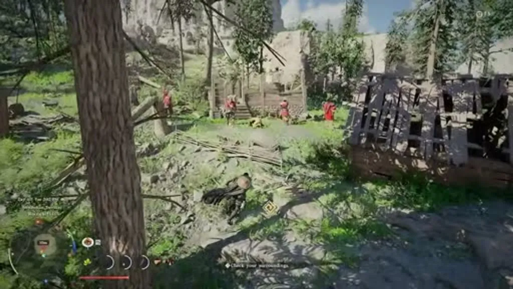 The House Serkis bandit camp at Anvil Hill in Hernand, Crimson Desert, showing red-armored bandits patrolling the ruined wooden structures in a forested clearing, with the old man held captive among the debris.