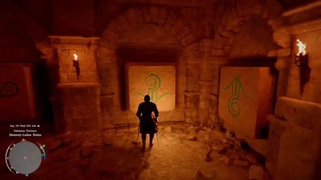 The glowing green symbol wall buttons in the final chamber of the Memory-Laden Ruins in Crimson Desert, showing the up-arrow and spiral symbols the player must Force Palm in sequence.