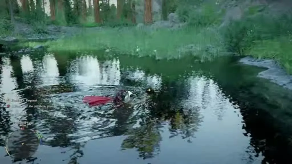 Player character swimming in the dark forest pool at the Abyss Crag site in Balenos in Crimson Desert, with the Duncan's Request quest active showing the objective to hand over the northern pike, surrounded by tall pine trees at dusk.