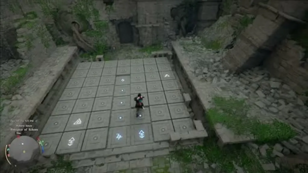 The Precipice of Echoes symbol floor puzzle in Crimson Desert, with multiple glowing blue rune tiles lit up as the player connects matching symbols across the grid.