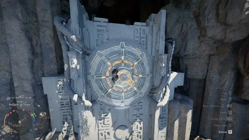 The circular wall power supply button at the Precipice of Truth Abyss in Crimson Desert, with the player character positioned on it ready to activate it with Force Palm.