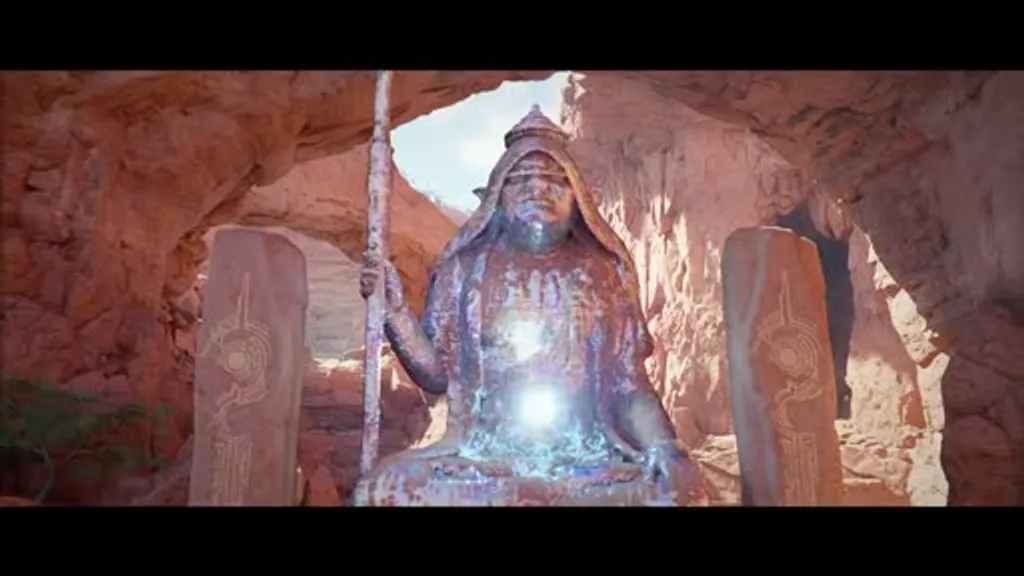 A large golden warrior statue glowing with blue purification light at the base inside a rocky cave in Crimson Desert's Cloister of Enlightenment, with two carved stone tablets flanking it and orange desert rock walls surrounding the chamber.