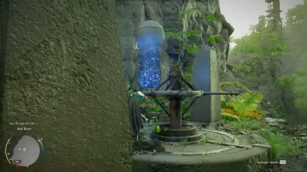 The glowing blue capstan mechanism at the Red River Ancient Ruins in Crimson Desert, with the Kuku Pot artifact wedged between the handles to hold the gates open.