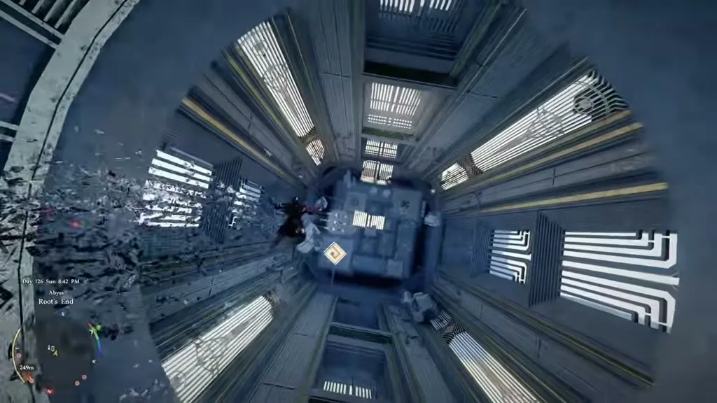 Free-falling through the laser tunnel at Root's End Abyss in Crimson Desert, looking down at the floating cube landing target below.