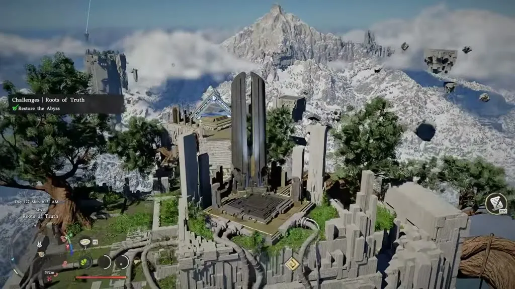 The completed Roots of Truth Abyss in Crimson Desert — the restored obelisk glows above the altar with giant ancient trees and snowy mountains in the background.