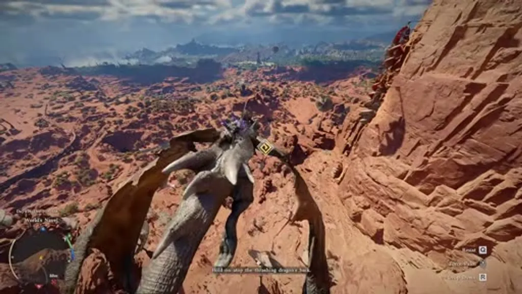 Player character clinging to the back of a massive corrupted dragon in Crimson Desert's Shackles of Fate quest, high above the red-rock canyon landscape of Urdavah with the vast desert valley visible far below, with an on-screen prompt to hold onto the thrashing dragon's back.