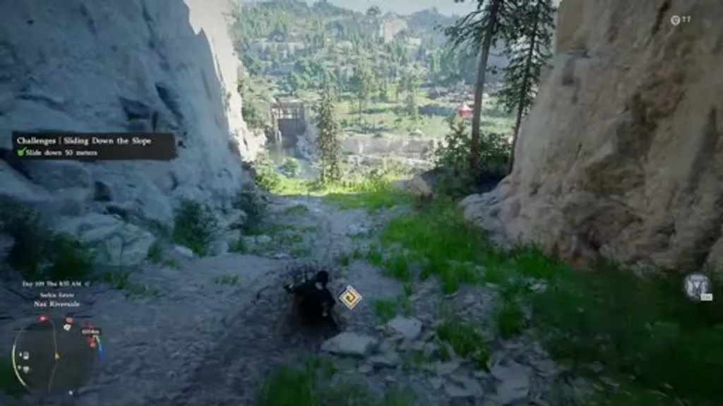 Player character sliding down the long dirt slope at Howling Hill in Crimson Desert's Hernand Highlands, with the Sliding Down the Slope challenge active showing '0 / 50 meters' remaining, and the Hernand valley visible in the background below.