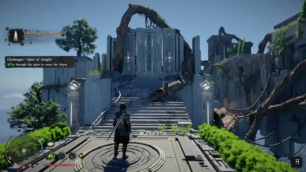 The Abyss Gate at the top of the Spire of Insight in Crimson Desert, with the 'Challenge Completed' banner and the quest objective to go through the spire and enter the Abyss.