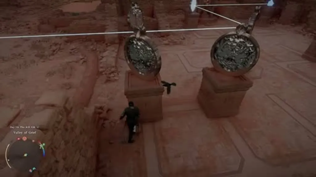 Two large circular mirror pedestals in the sandy exterior courtyard of the Spire of the Sun in Crimson Desert, with a bright white laser beam connecting between them along the south-side mirror sequence, set against the red desert rock landscape of the Valley of Grief.