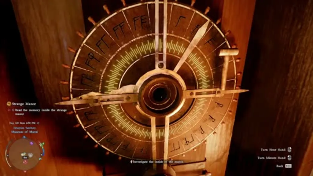 Close-up of the Visione data input device revealed behind a painting in the Strange Manor in Crimson Desert, showing an ornate circular clockface mechanism with rotating hands and runic markings, with on-screen prompts for Turn Hour Hand and Turn Minute Hand.