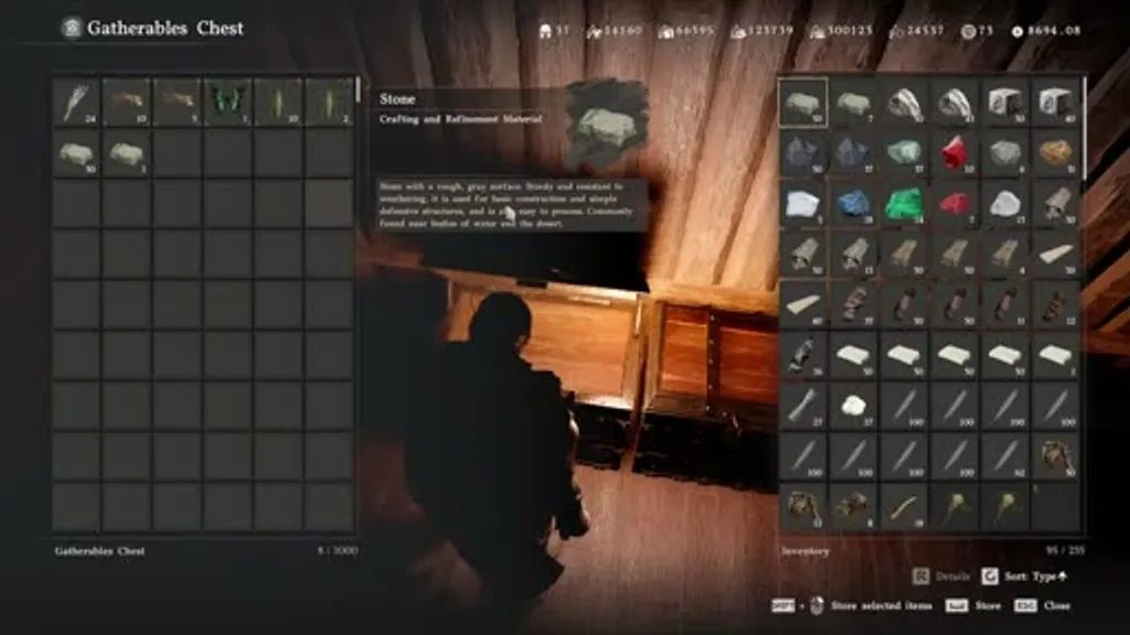 The Sturdy Gatherables Chest inventory interface in Crimson Desert, showing the large wooden chest with 1000 storage slots filled with crafting materials including stone, ore, wood, and herbs, with the player character kneeling beside it and the chest's item grid displayed on-screen.