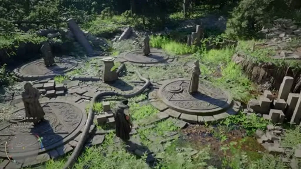 Overhead view of the Sunrise Plains Ancient Ruins puzzle in Crimson Desert, showing four stone statues on rotating circular platforms surrounding a central ornate stone floor, before alignment.
