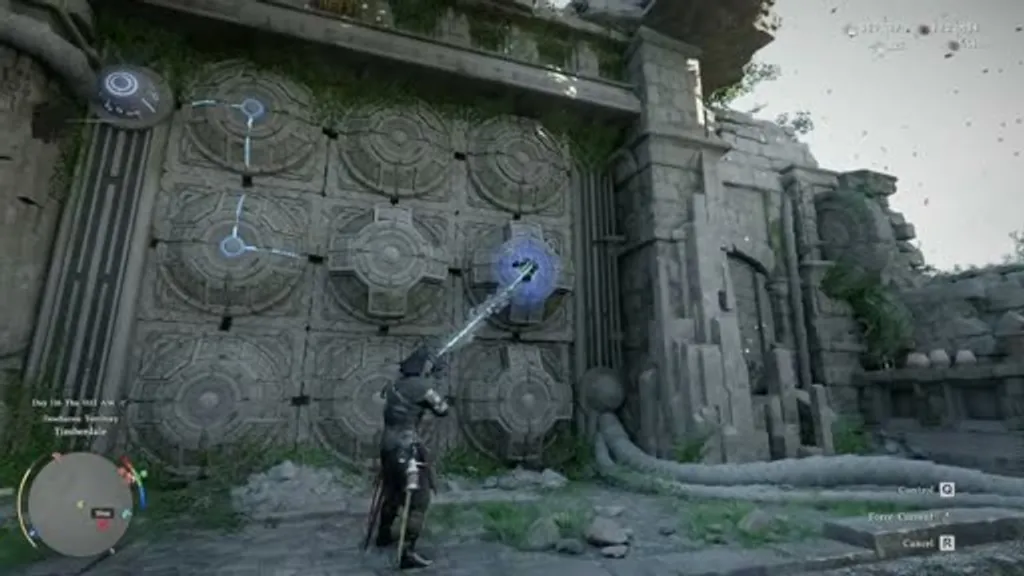 Player using Force Current to activate one of the circular button panels on the large stone wall at Timberdale Cliff Ancient Ruins in Crimson Desert, with blue glowing circles marking which buttons have been pressed.